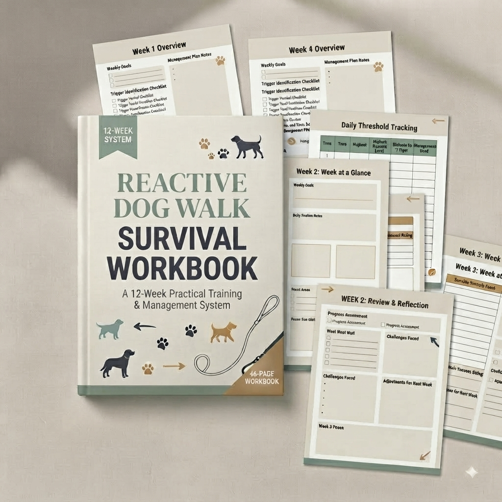 The Reactive Dog Walk Survival Workbook, open to a weekly tracking page