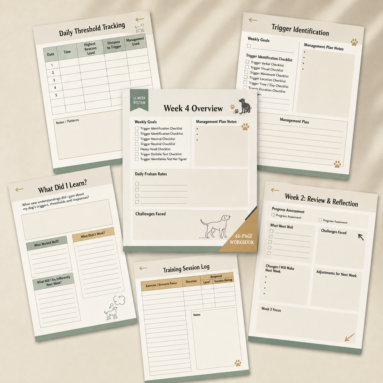 Interior workbook pages including tracking and review sheets